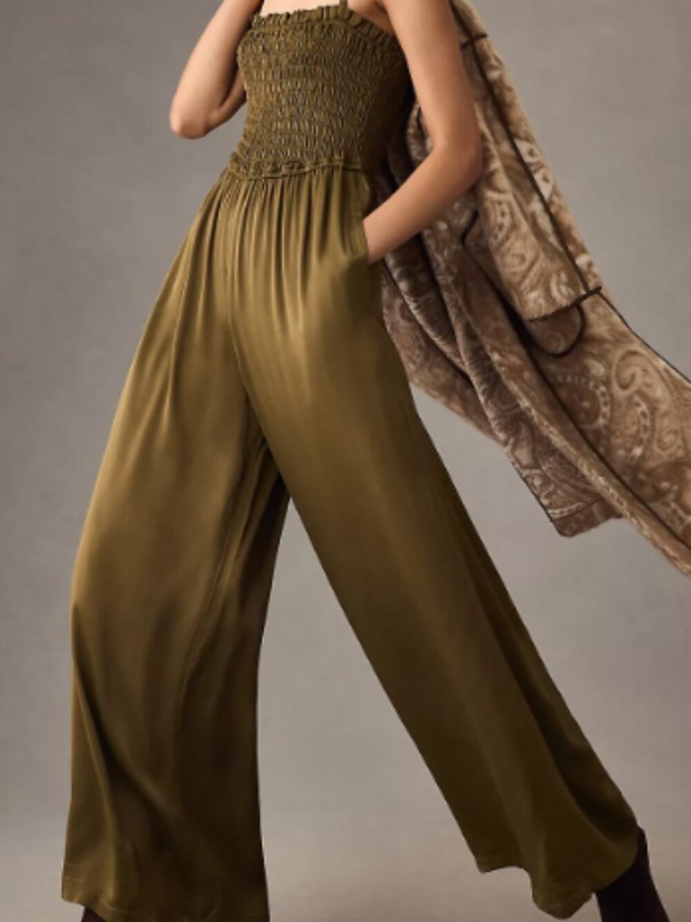 Olive Green Wide Leg Jumpsuit with Side Pockets - Picture 5 of 7